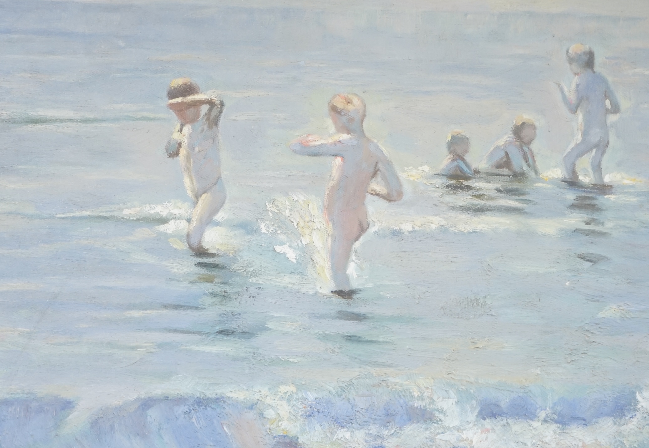 Impasto oil on canvas board, Children bathing, unsigned, 24 x 34cm, gilt framed. Condition - good
